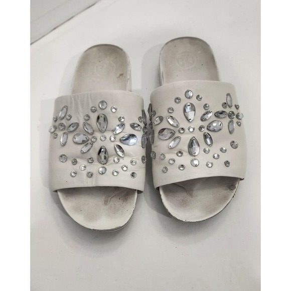 Tory Burch Womens Brae Rhinestones Crystals Embellished Leather Slides White 6.5 - Picture 1 of 8